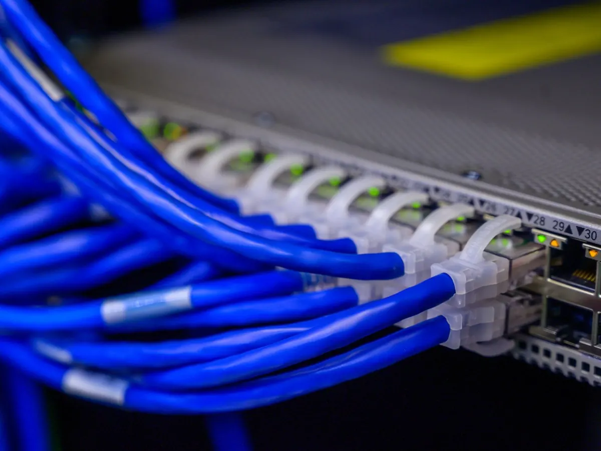 Cabos de rede azuis com conectores RJ45 ligados às portas de um switch